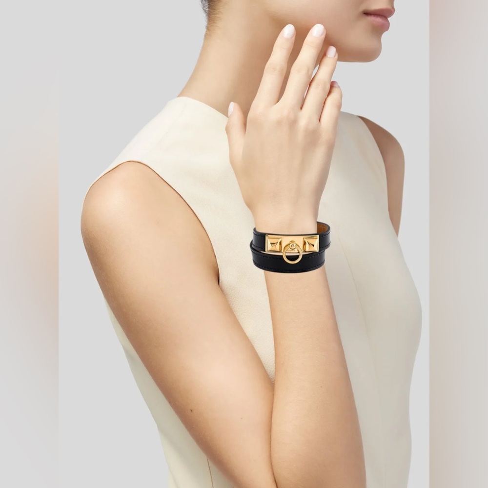 Hermès Médor Double Tour Black Leather Bracelet with Gold Hardware